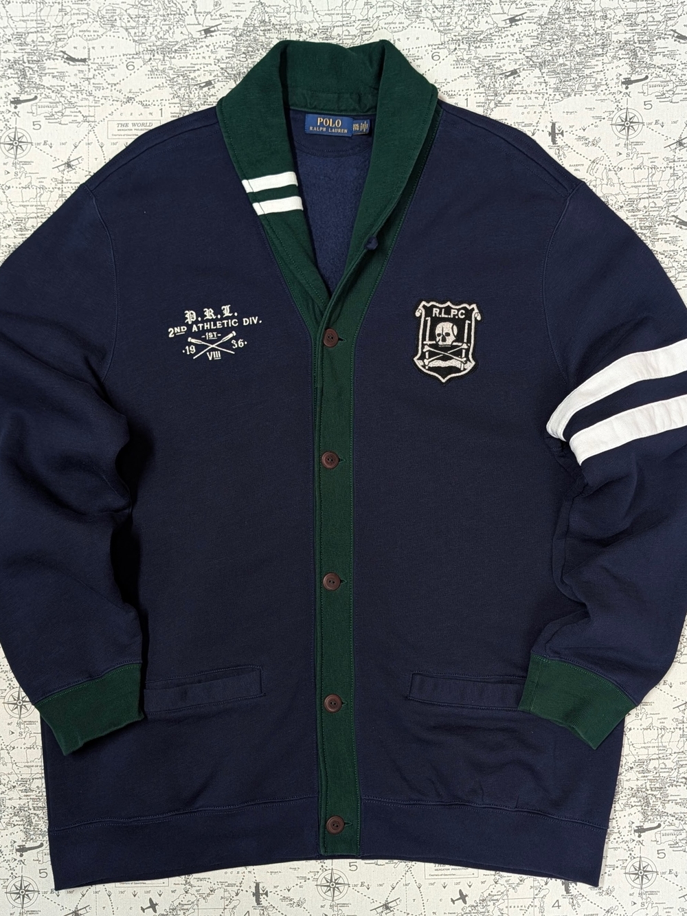 Polo Ralph Lauren Skull Crest Letterman Shawl Fleece Rowing Cardigan XXL